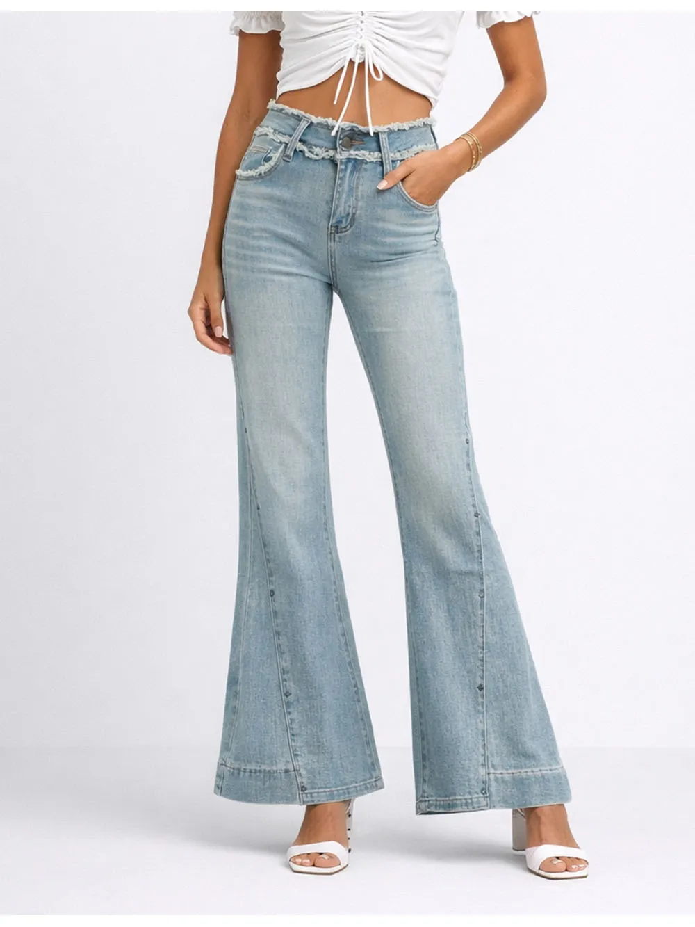 Vintage Raw Edge Waist Flared Leg Denim Pants