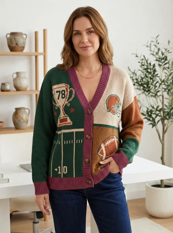 Women's Gridiron Trophy Helmet Ball Knit Cardigan