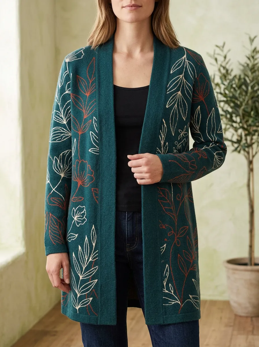 Women's Botanical Nature Lover Floral Line Art Printed Open Front Everyday Layering Cardigan