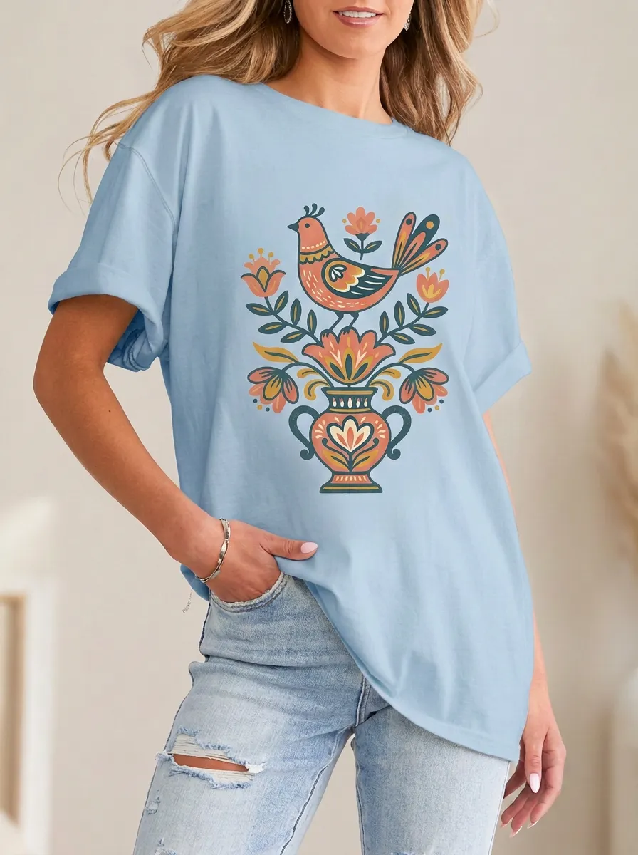 Women's Folk Art Bird and Floral Vase Printed T-shirt