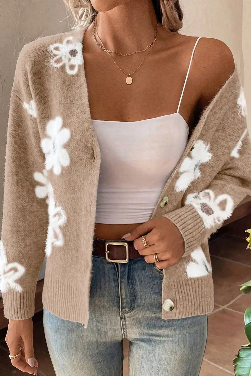 Soft Knit Button Front V Neck Floral Cardigan