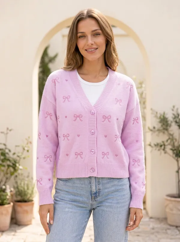 Women's Heart Ribbon Bow Pattern Printed Cardigan
