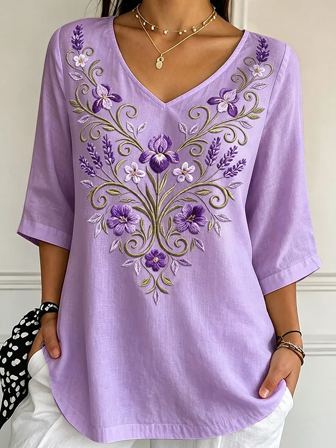 Women'S Casual Retro Purple Floral V-Neck Top