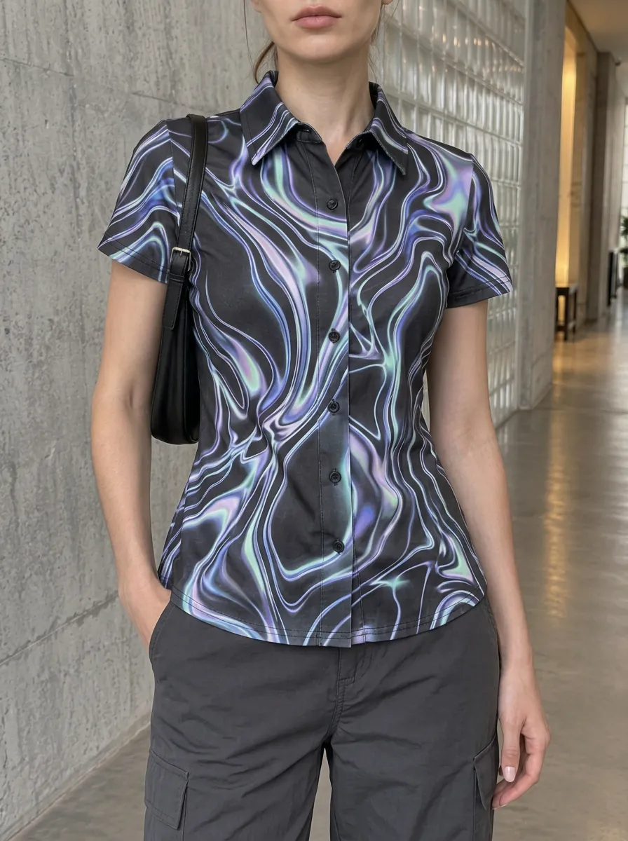 Women's Y2K Aesthetic Neon Marble Swirl Printed Shirt