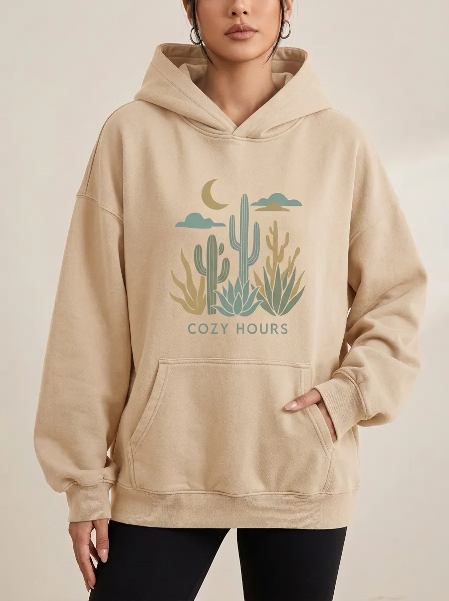 Desert Cactus Cozy Hours Moon Hoodie