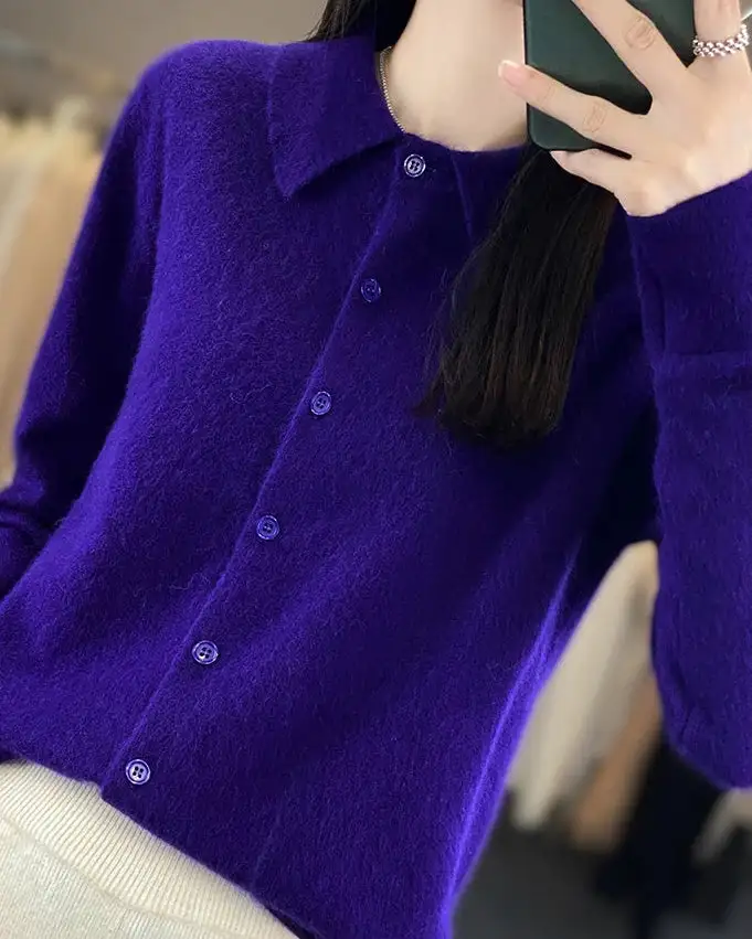Mink-Cashmere Cashmere Button-Front Polo-Collar Cardigan