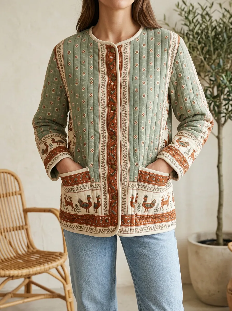 Women's Vintage Floral Rooster Pattern Quilted Printed Jacket