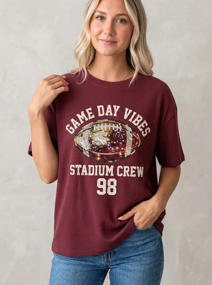 Women's Football Ball Sequin Waffle Graphic T-Shirt