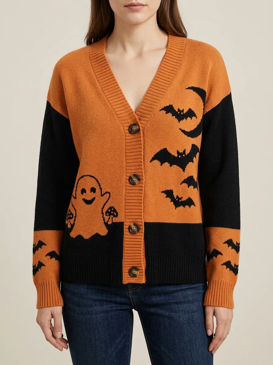 Women's Halloween Ghost Bat Pattern Knitted Cardigan