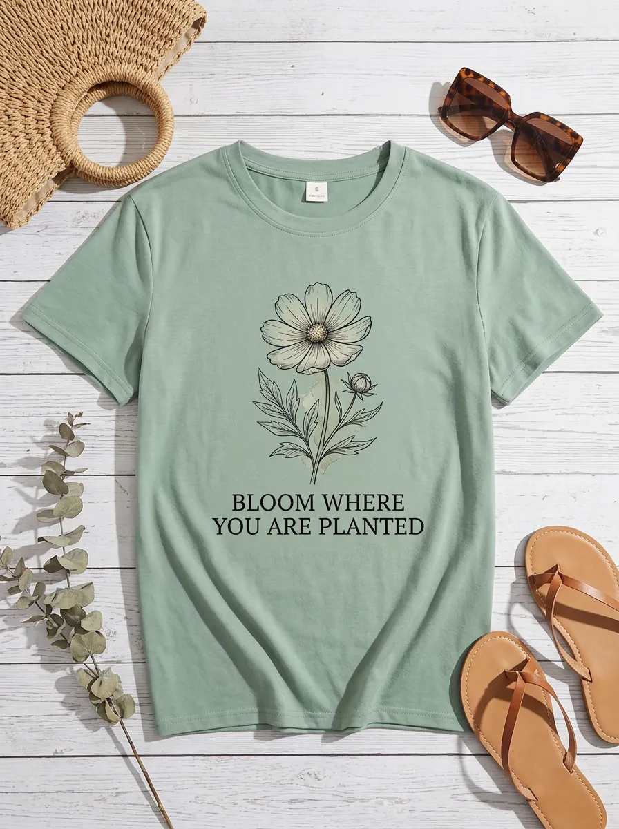 Inspirational Quote Bloom Where You Are Planted Floral T-Shirt
