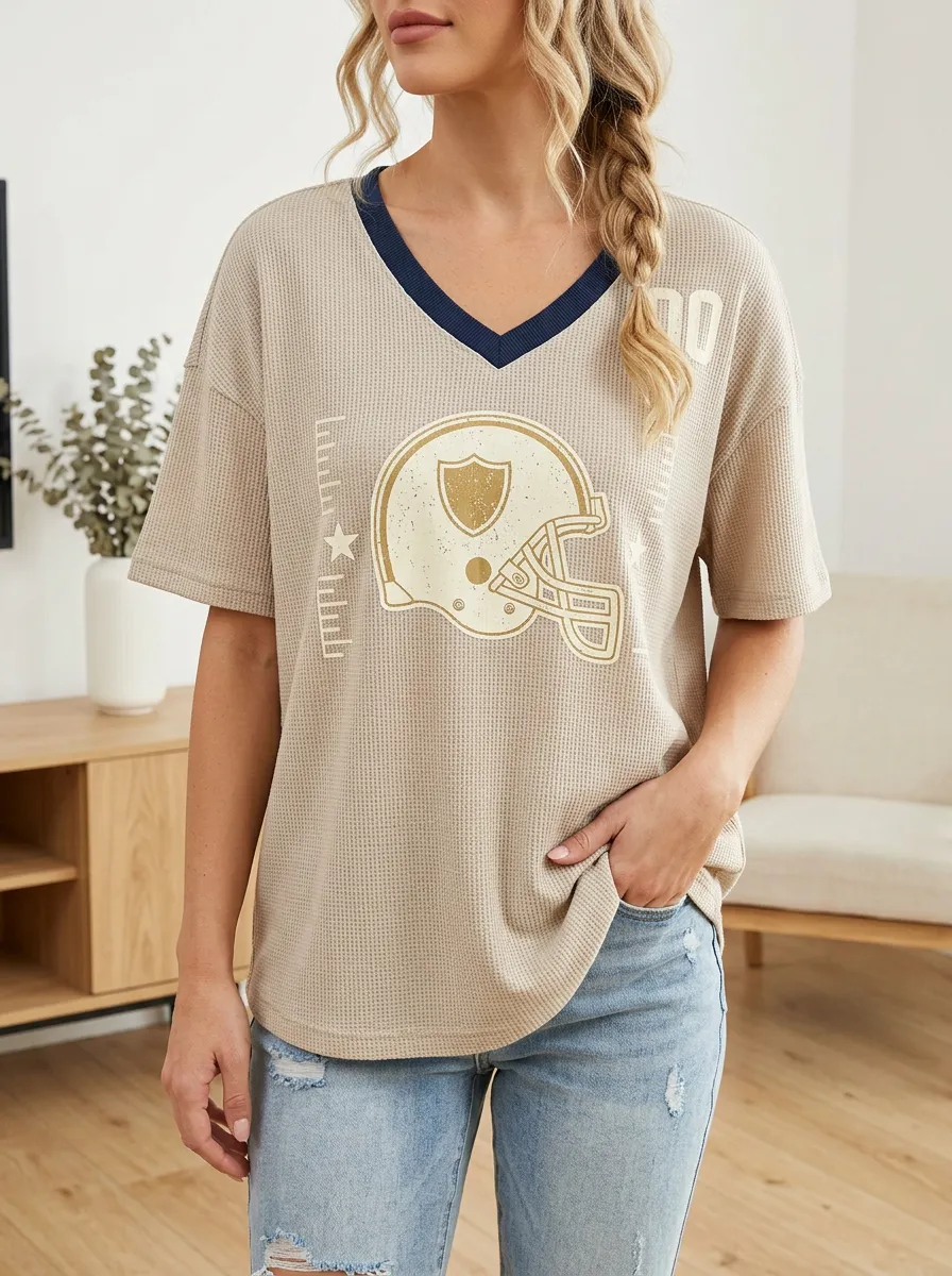 Women's Heritage Football Fan Helmet Graphic Printed Waffle Knit Top