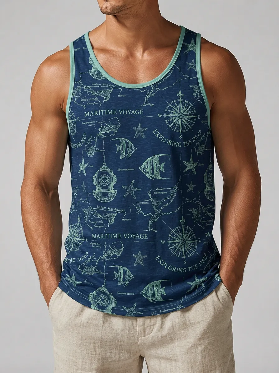 Men's Nautical Maritime Voyage Compass Fish Printed Tank Top