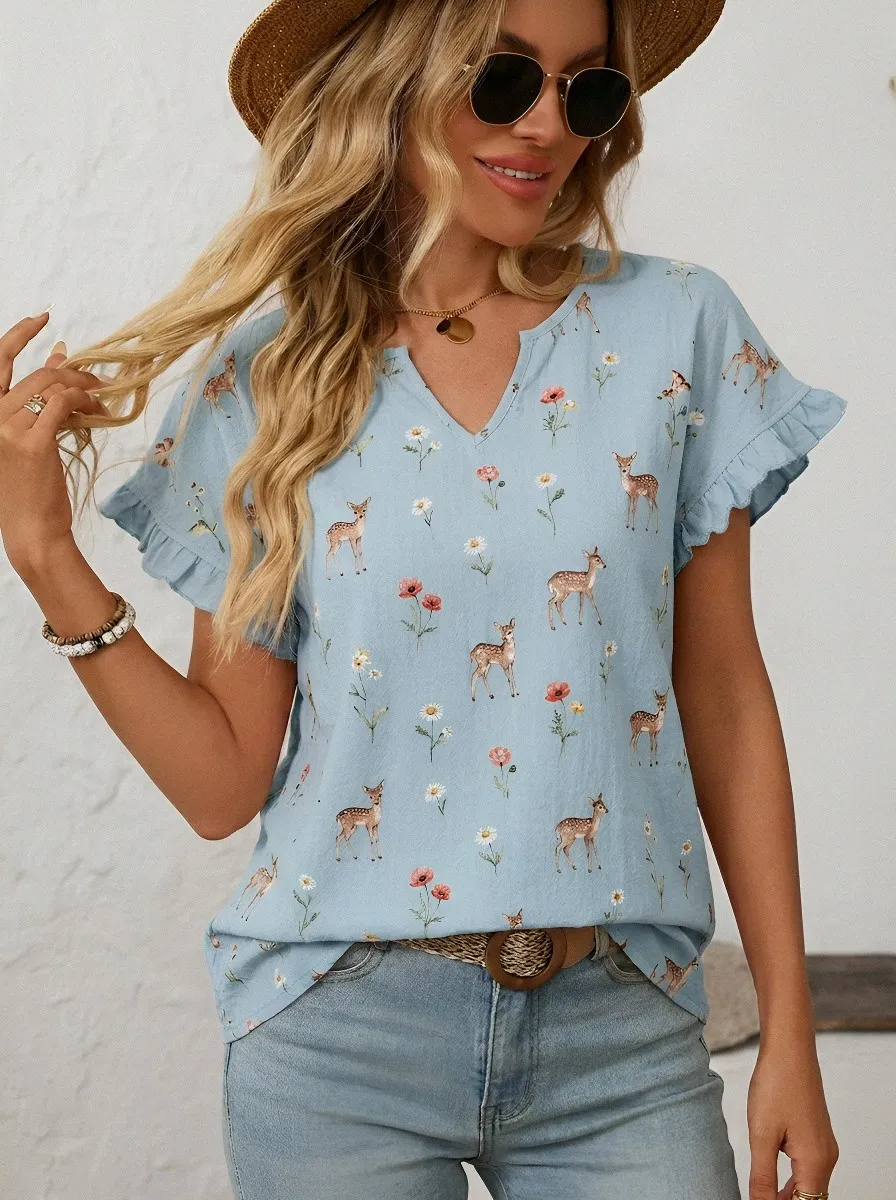 Deer Wildflower Nature Women's Loose Printed Blouse