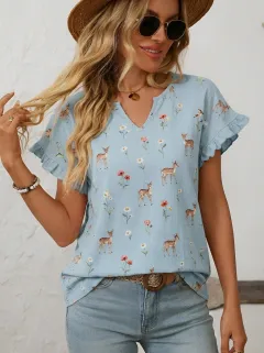 Deer Wildflower Nature Women's Loose Printed Blouse