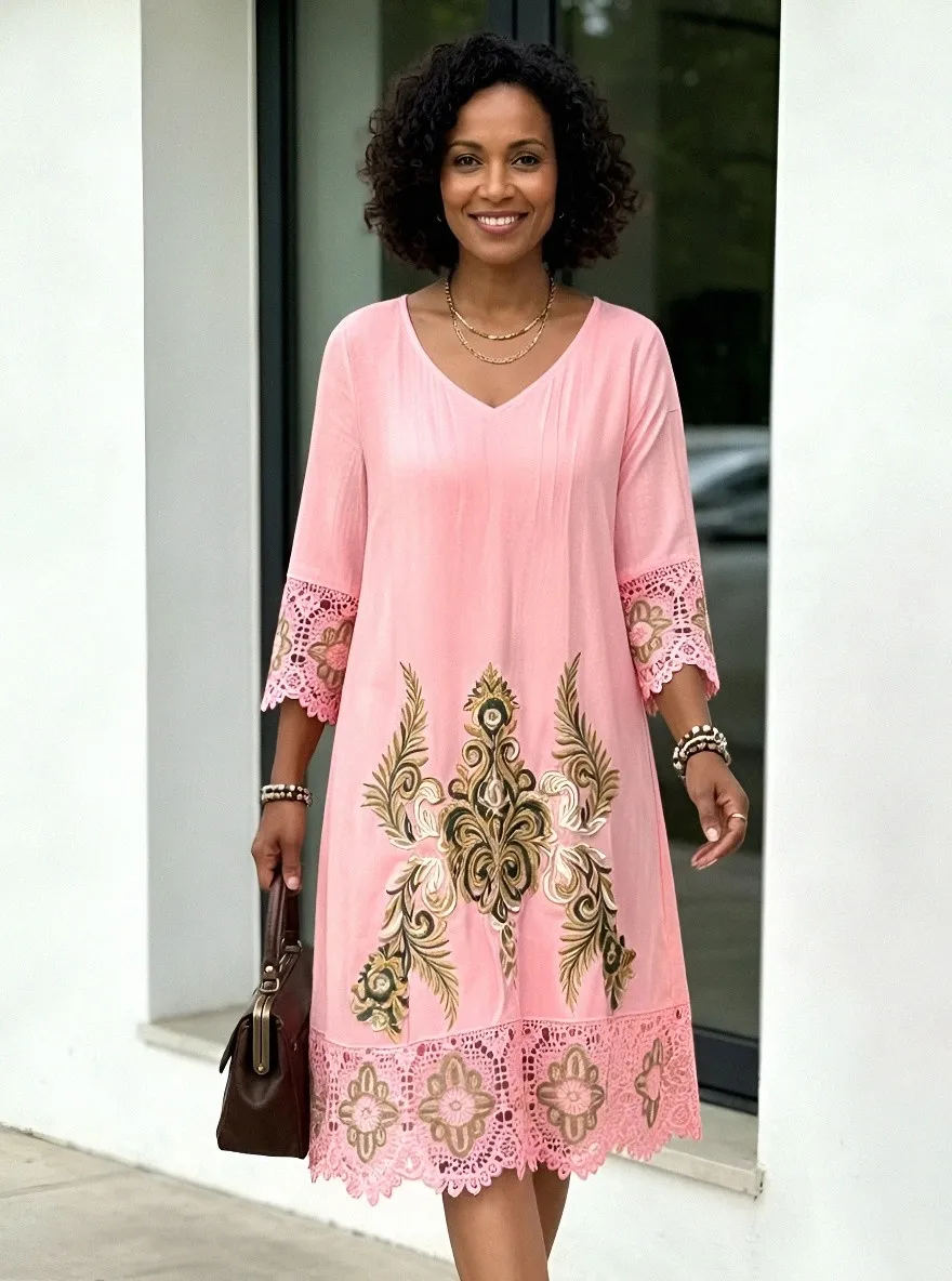 Women's Summer Vacation Olive Floral Embroidered Lace Trimmed Dress