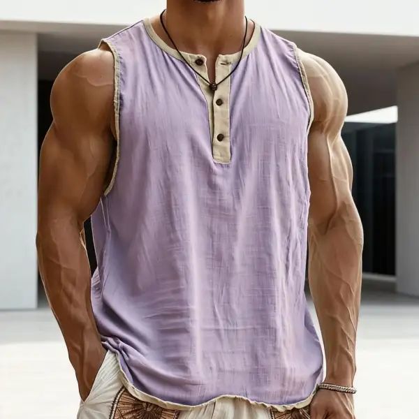 Men's Sleeveless Henley Muscle Shirt With Button Placket And Contrast Trim