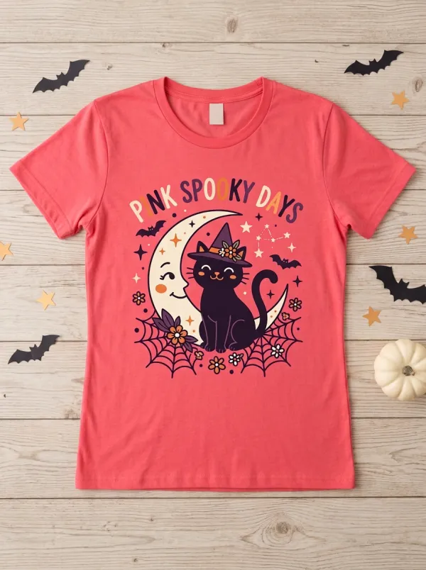 Cat Moon Floral Halloween Graphic T-Shirt