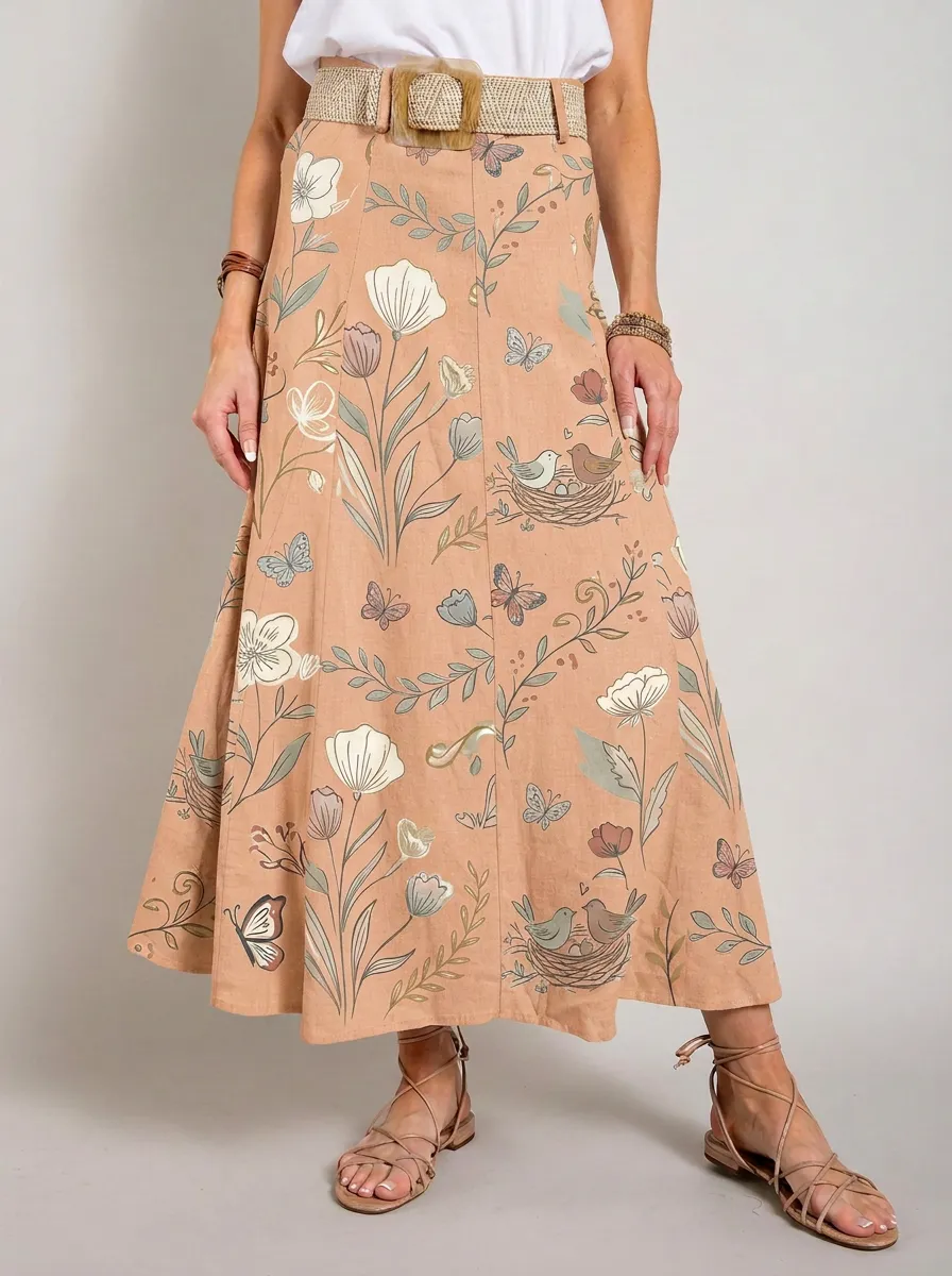 Women's Nature Lover Floral Butterfly Bird Printed Maxi Skirt
