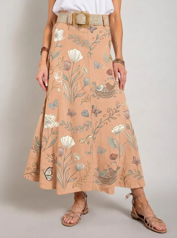 Women's Nature Lover Floral Butterfly Bird Printed Maxi Skirt