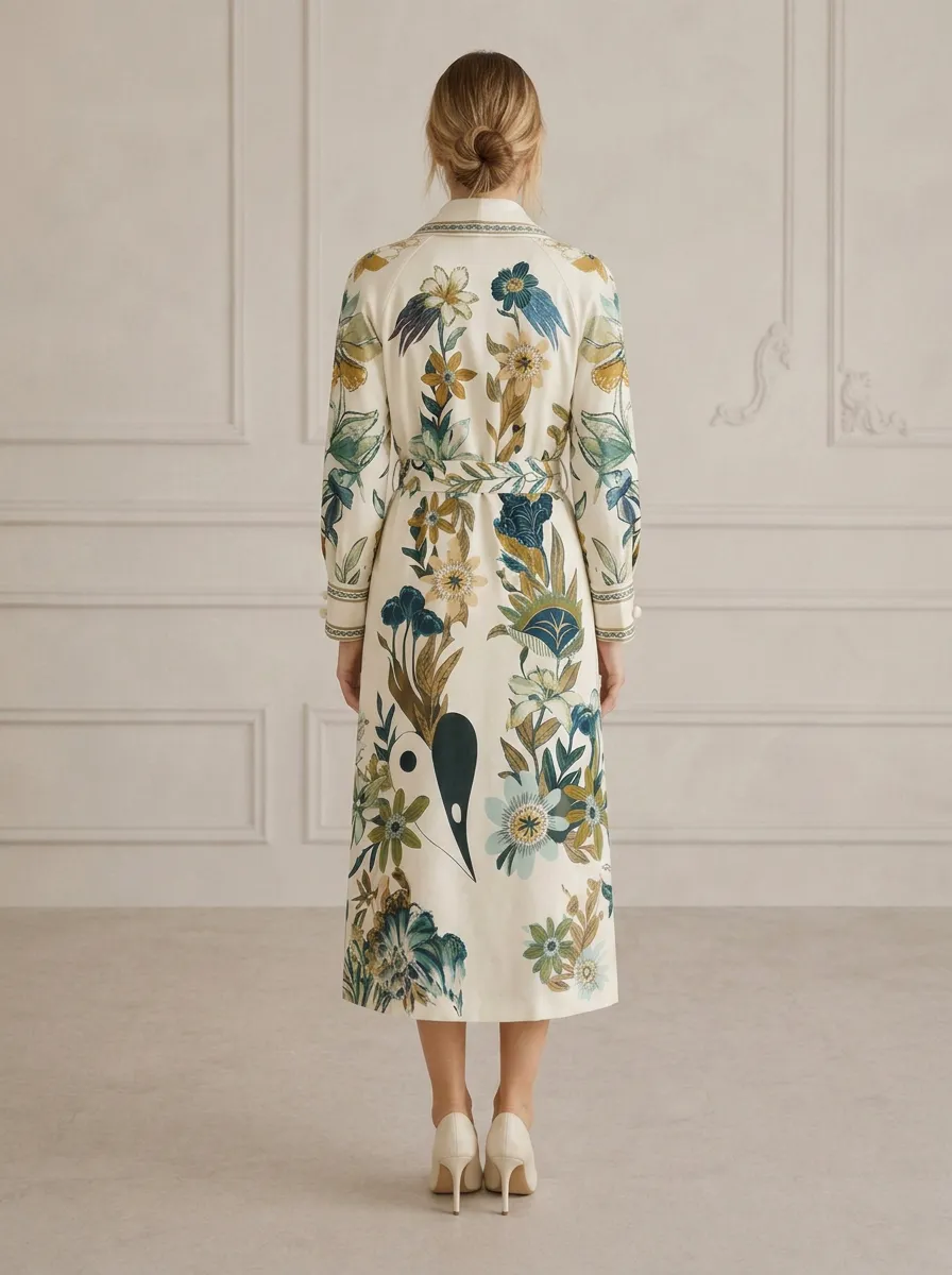 Women's Botanical Floral Bird Printed Wrap Coat