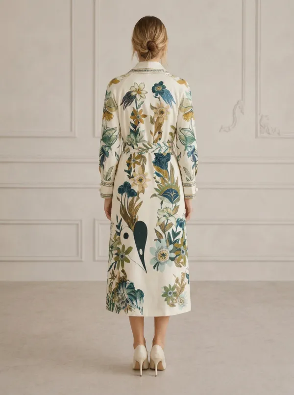 Women's Botanical Floral Bird Printed Wrap Coat