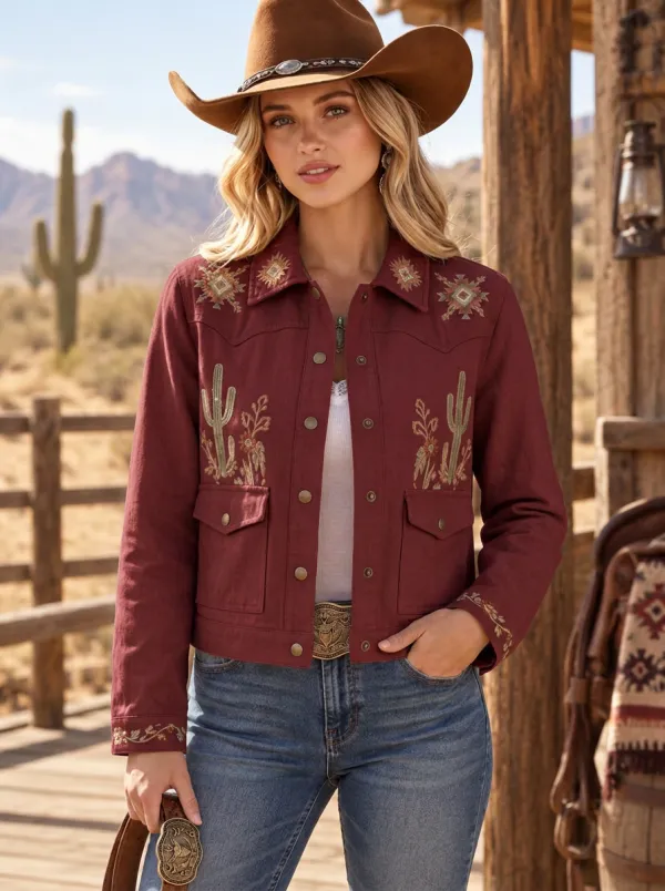 Women's Western Cowboy Cactus Floral Embroidery Floral Embroidered Denim Jacket