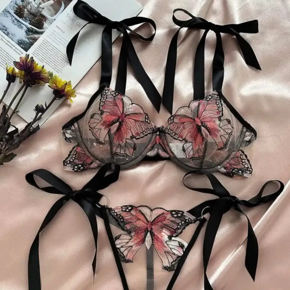 Refined Butterfly Embroidered Lingerie Set