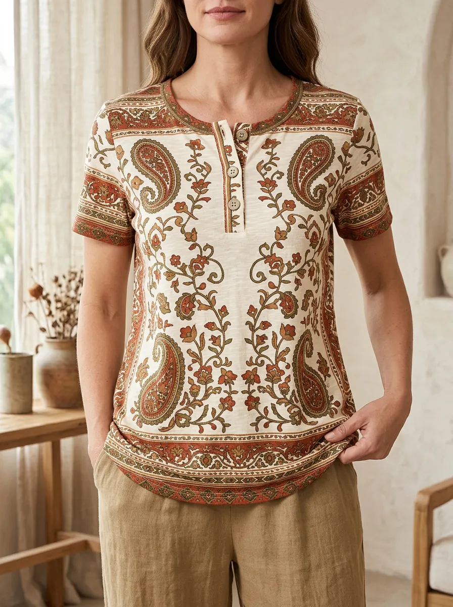 Women's Casual Boho Paisley Floral Henley T-Shirt