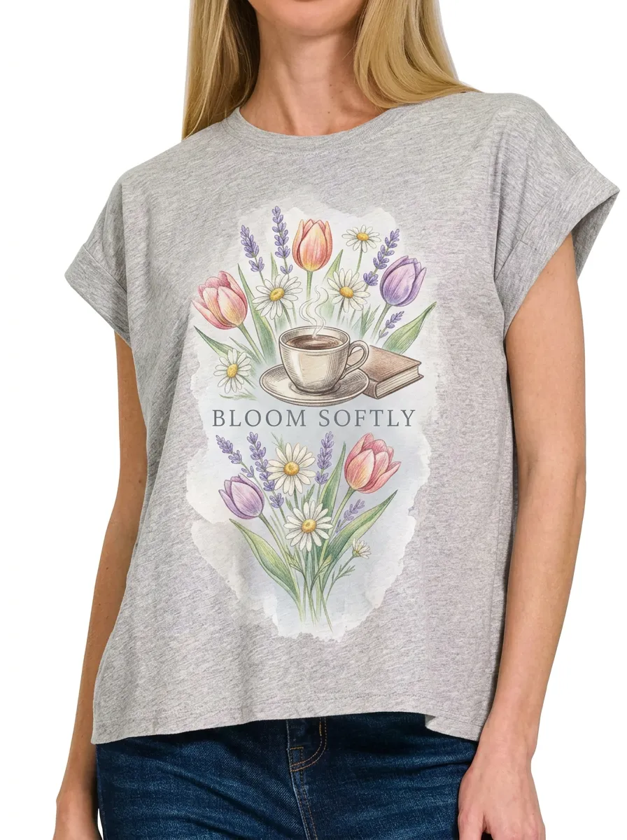 Women's Coffee Book Flower Bloom Softly Printed T-shirt