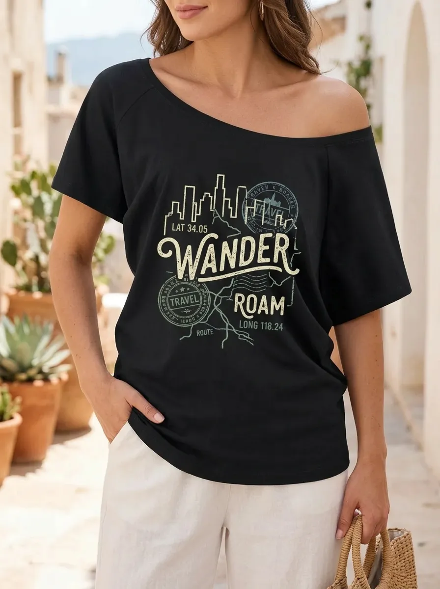 Women's Travel Lover Wander Roam City Skyline Printed Off-Shoulder Top