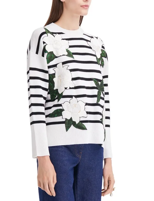 Embroidered Ribbed Wool Blend Sweater