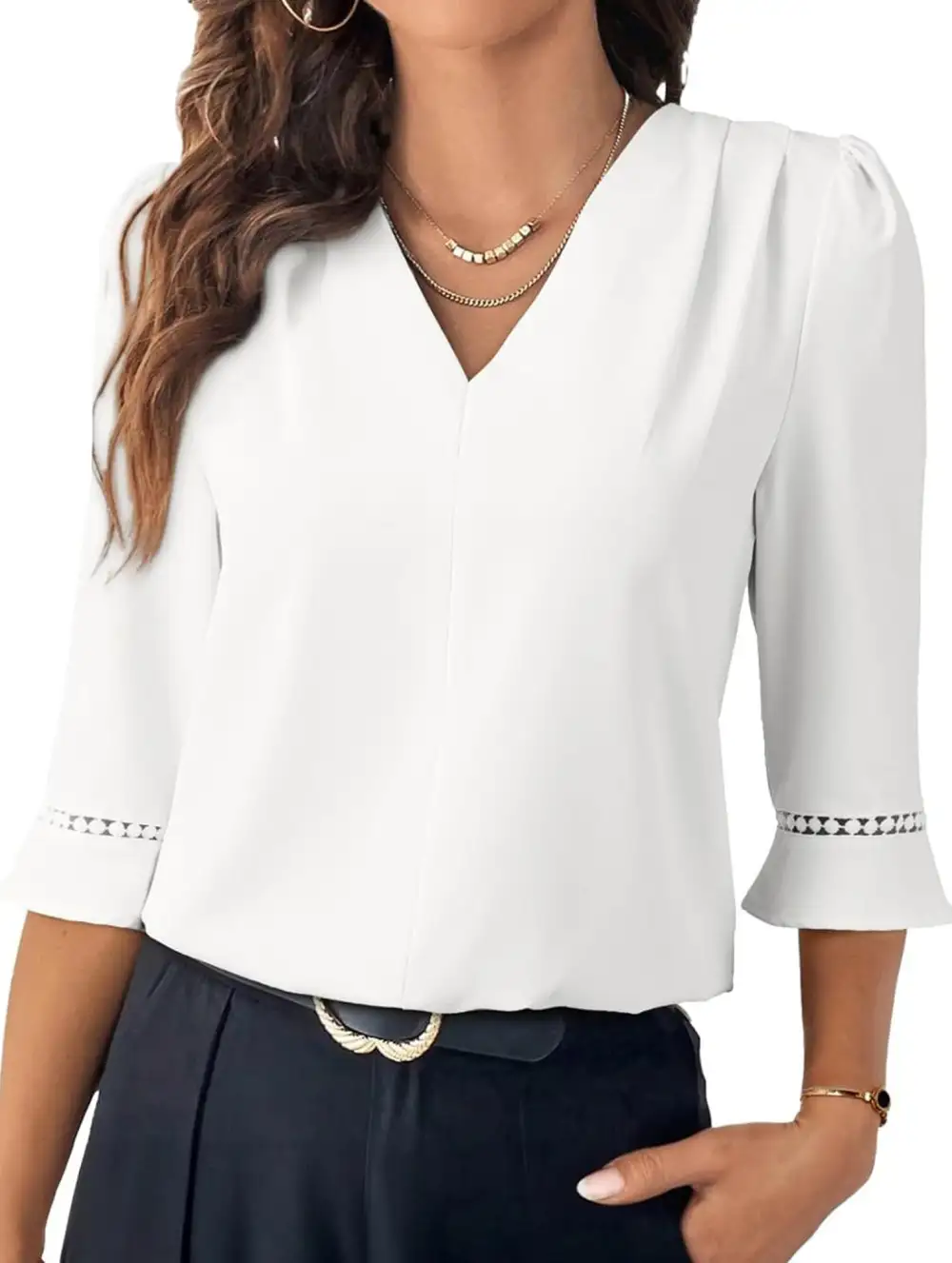 V Neck Office Three Quarter Sleeve Blouse
