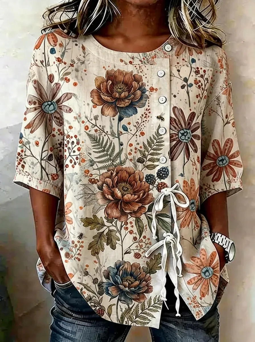 Vintage Botanical Asymmetrical Button Blouse - Rustic Tie-Front Top
