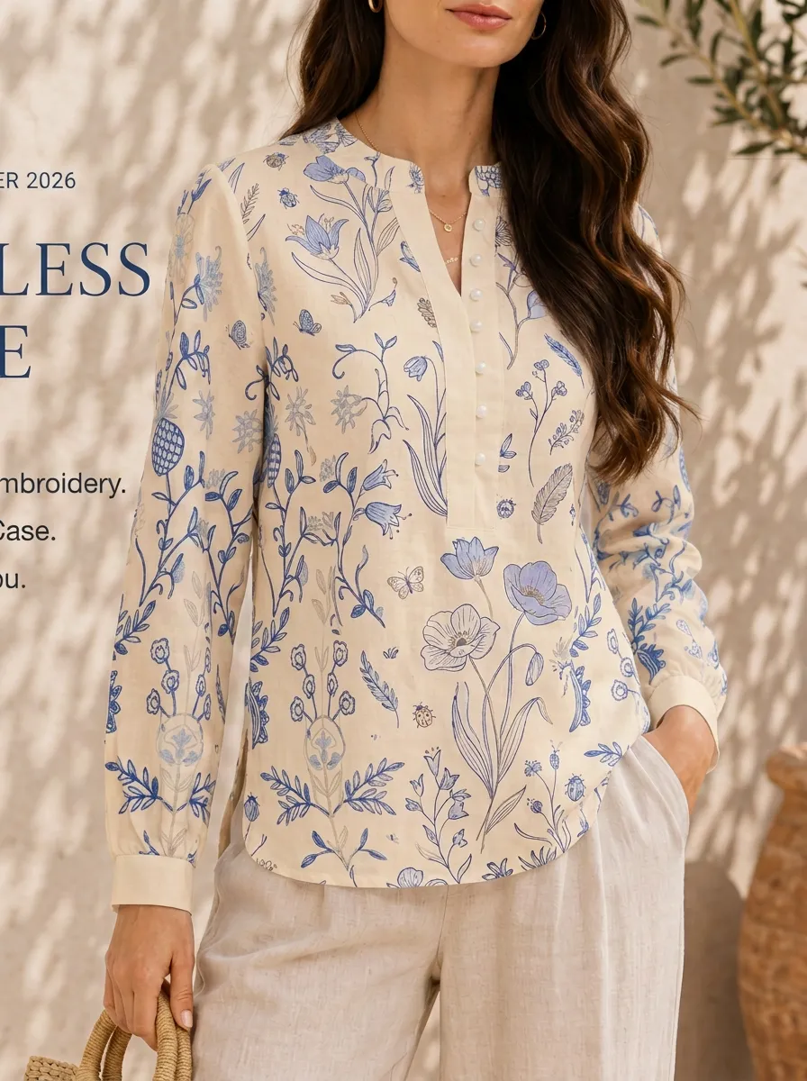 Women's Floral Botanical Butterfly Printed V-Neck Long Sleeve Shirt