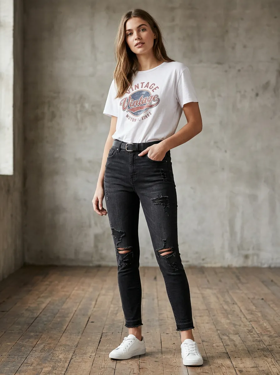 Women's Casual Fashion Distressed Black Denim Pants