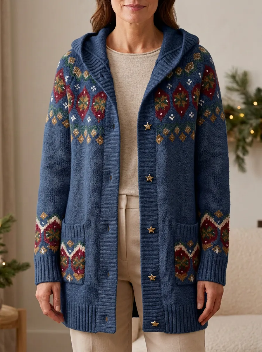Christmas Fair Isle Pattern Knit Hooded Cardigan