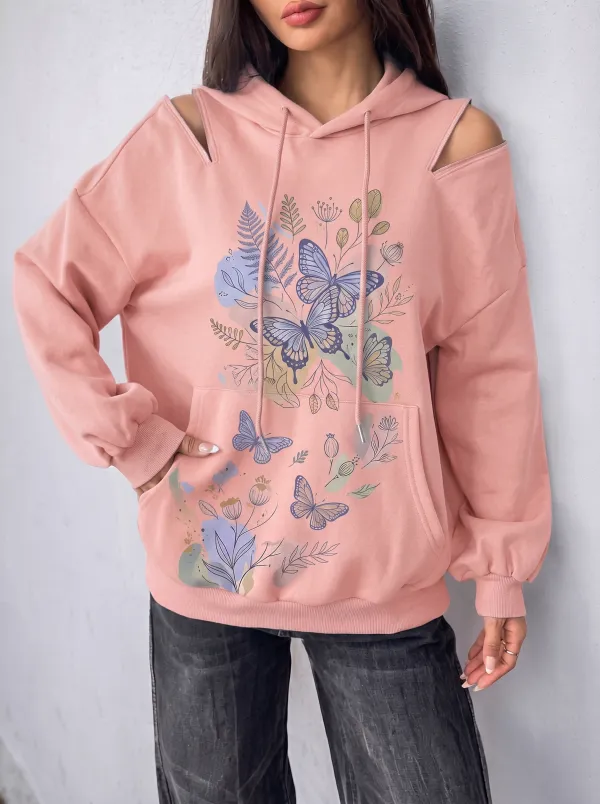 Women's Butterfly Floral Nature Lover Printed Cold Shoulder Hoodie