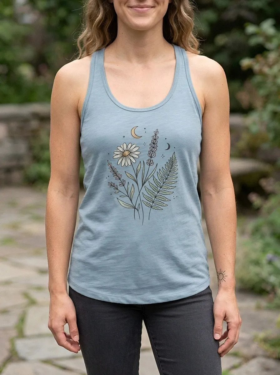 Women's Botanical Nature Lover Daisy Lavender Fern Printed Tank Top
