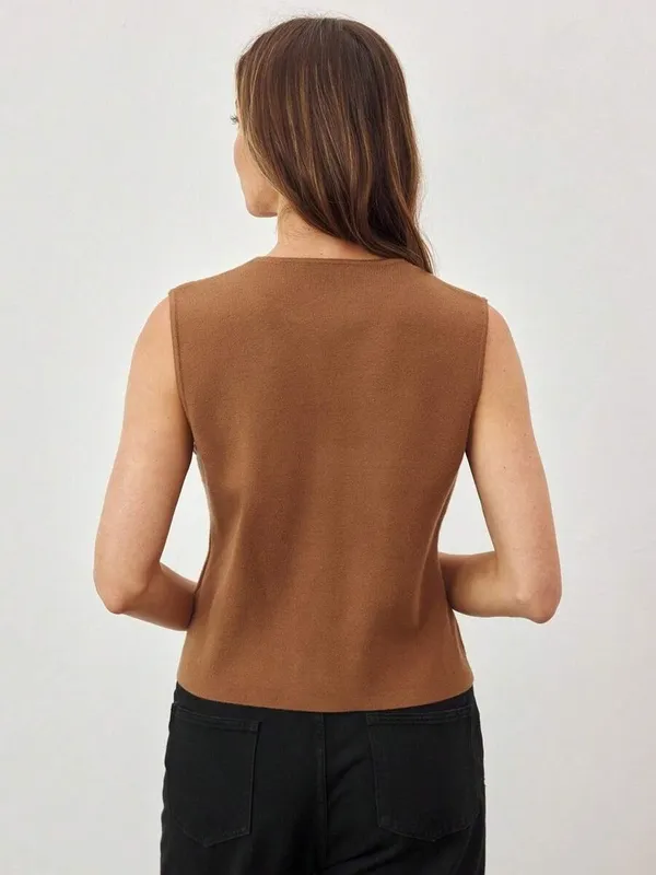 Brown Knit Button Front Metal Vest