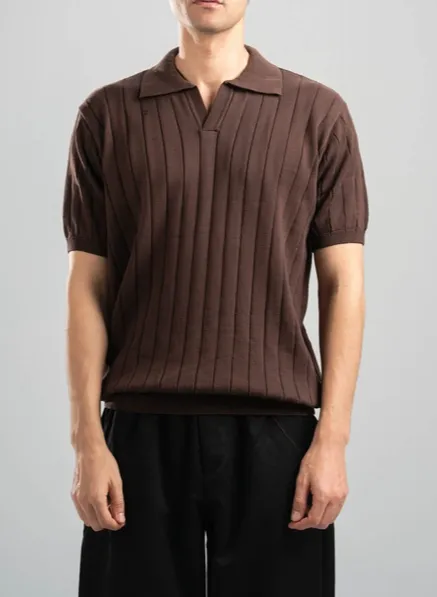Dark Brown Line Texture Knit Polo Shirt