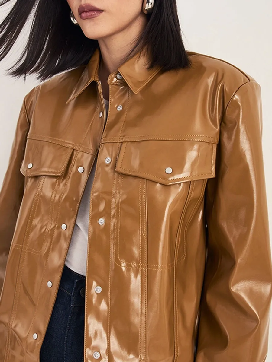 Women's Oversized Shiny Leather Collared Jacket