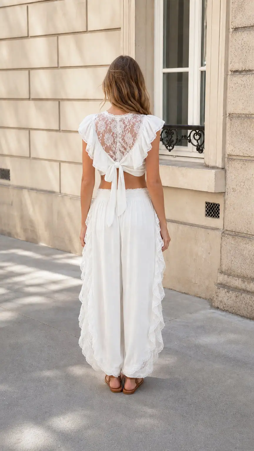 Boho Lace Ruffle Two-Piece Crop Top and Wide Leg Pants Set