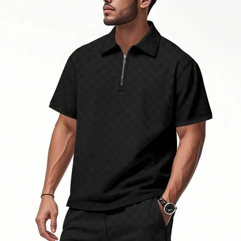 Men's Short Half-Zip Polo Shirt Structured Waffle Piqué With Shirt Collar And Fitted Silhouette