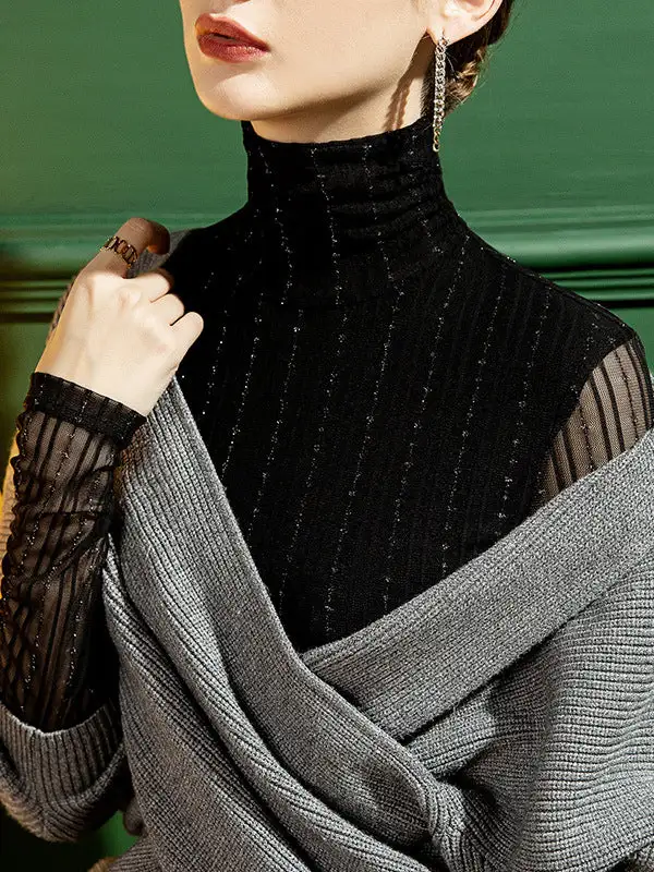 Long Sleeve Slim Fit Sheer High Neck T-Shirt