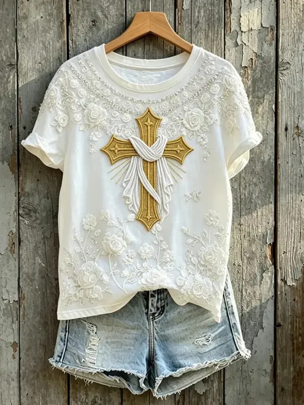 Women's Faith Lace Cross Rose Atmosphere Print Short Sleeve Tee Top