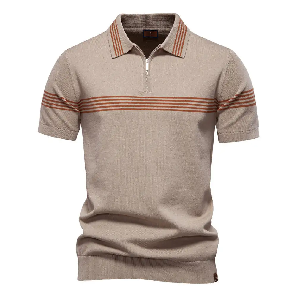 Striped Zip Front Fine Knit Polo Shirt