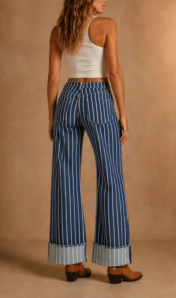 Wide Leg Cuffed Low Rise Vintage Style Denim Jeans