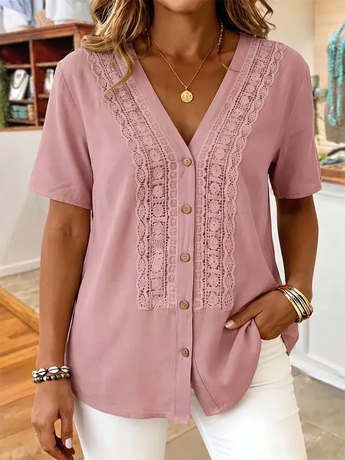 Women'S Casual V-Neck Lace-Trimmed Short-Sleeved Shirt