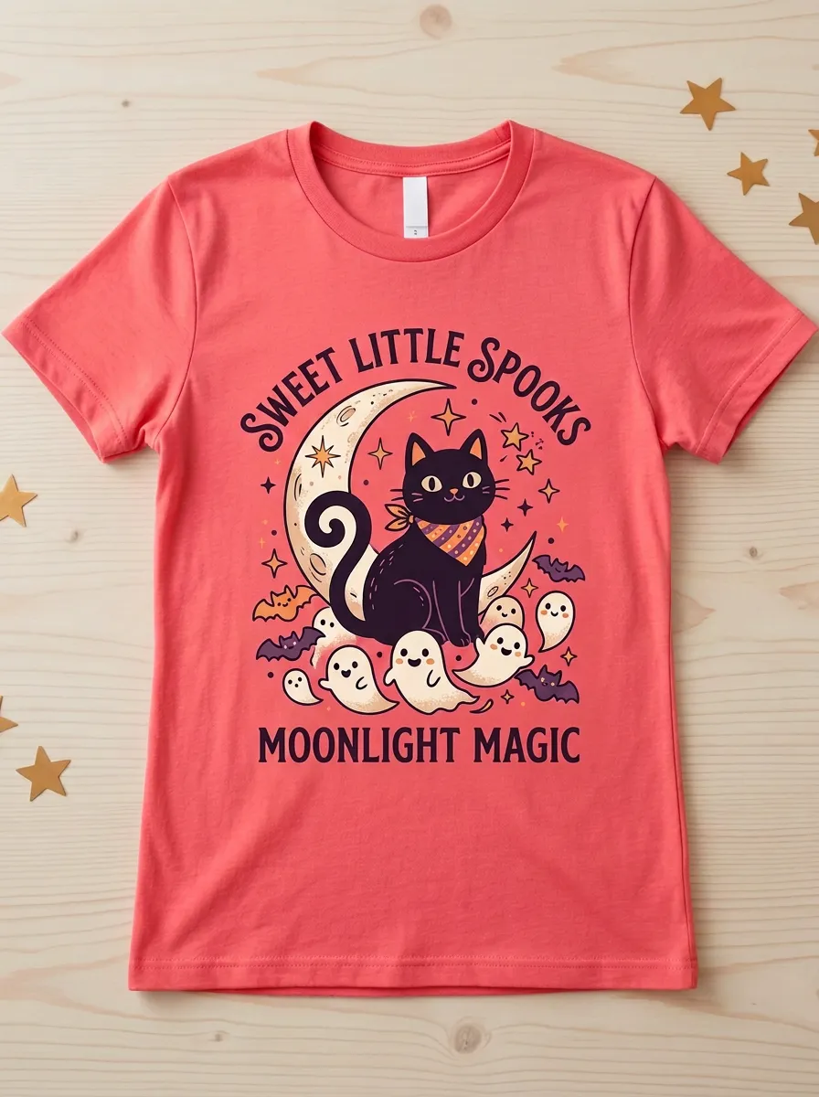 Ghost Cat Moon Halloween Graphic T-Shirt