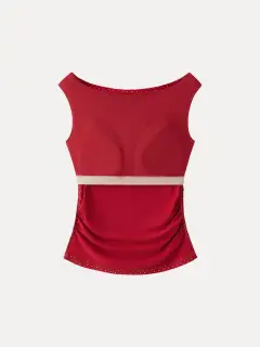 Stretch Cotton Polka Dot Boatneck Ruched Bra Top
